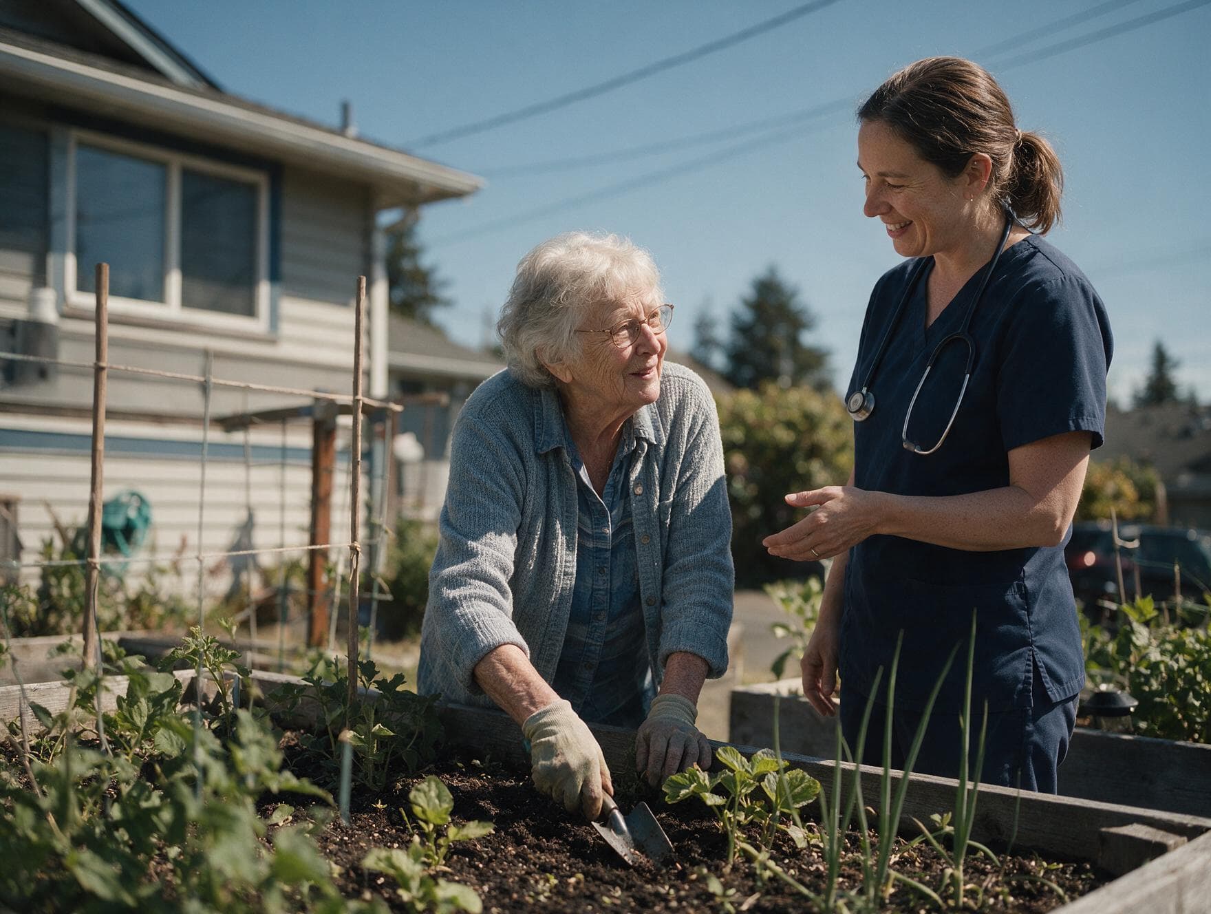 A woman in her seventies tending garden beds outside her home while a nurse chats with her.