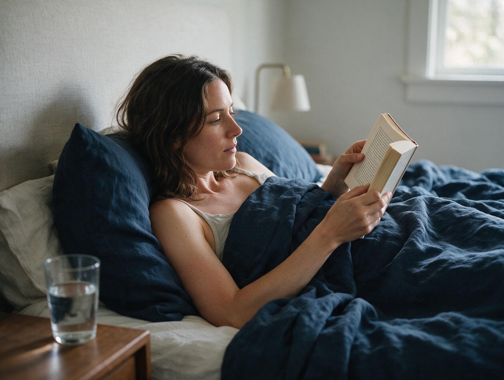 A young woman reading in bed in soft morning light.