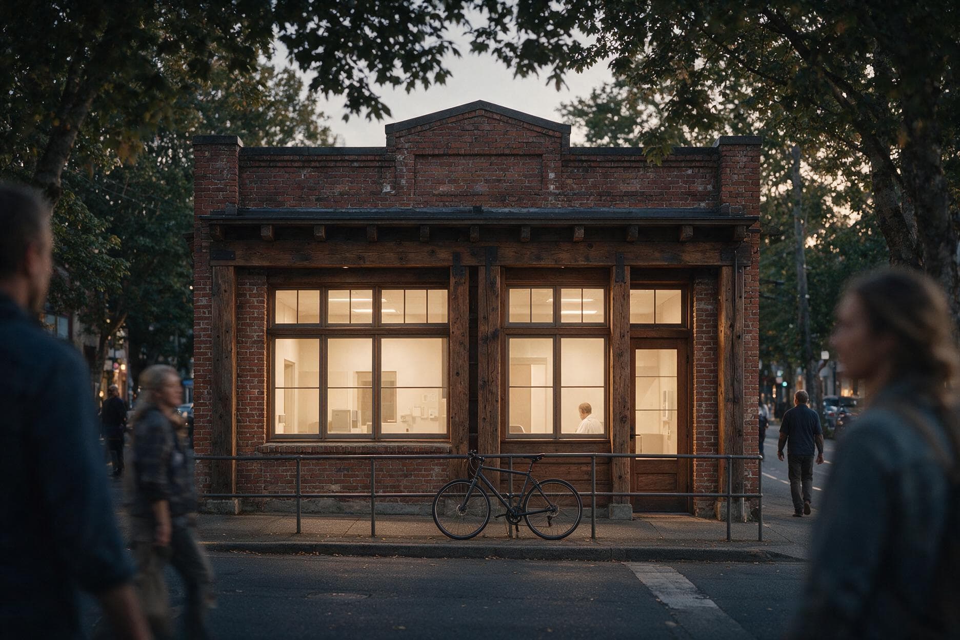 A converted heritage building housing a medical practice on a tree-lined Victoria street at dusk.