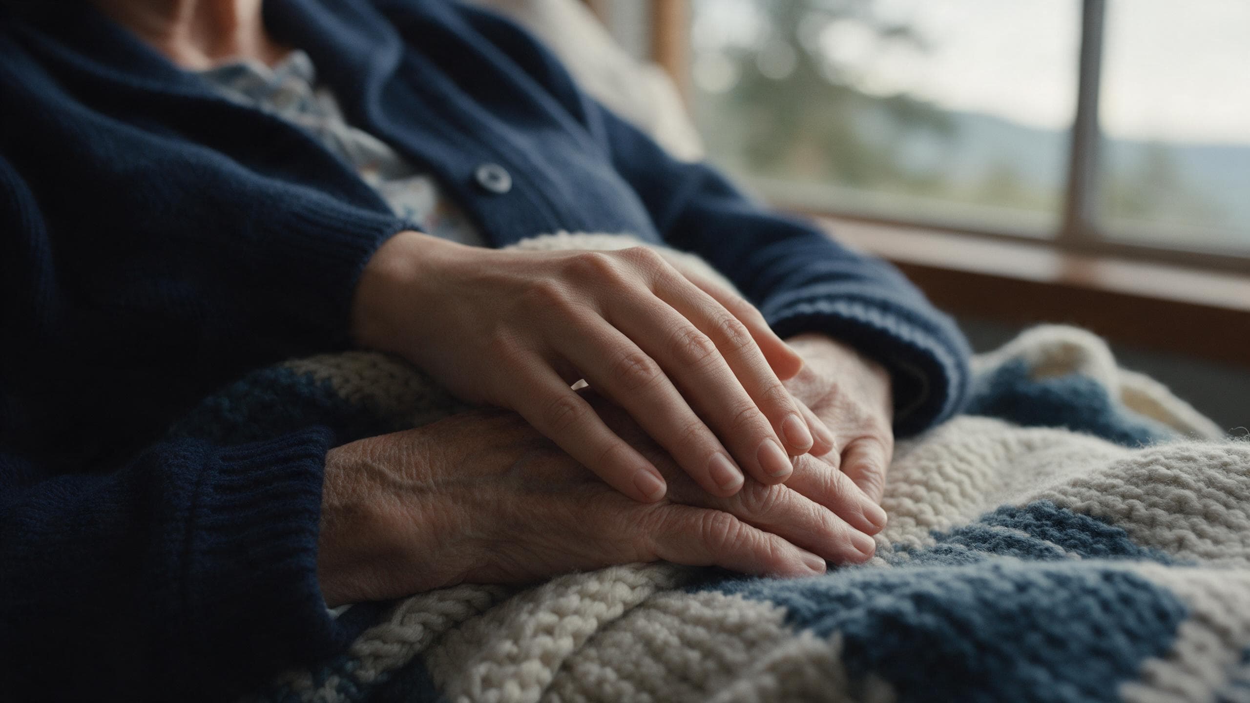 An adult daughter's hand resting over her elderly mother's hands on a knitted blanket.