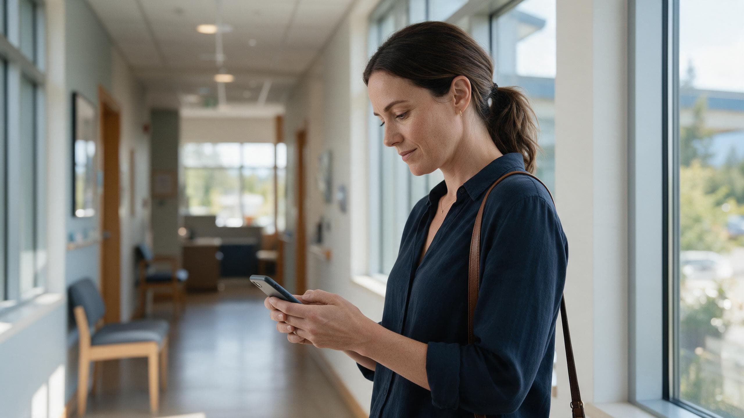 A woman in her late thirties in a bright clinic corridor between appointments.