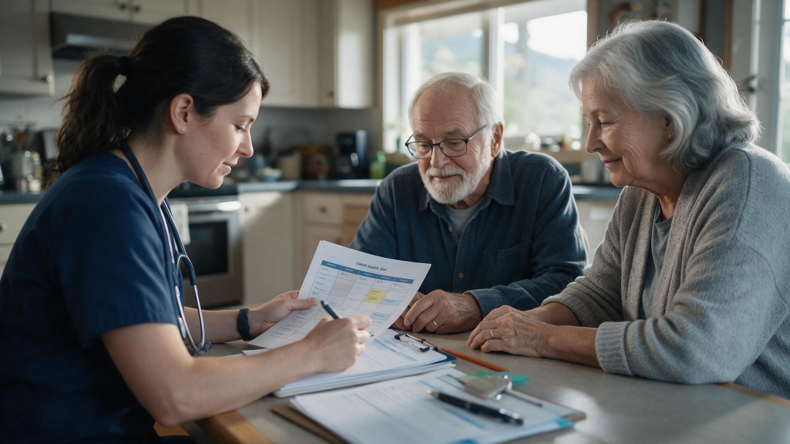 A visiting nurse reviewing a weekly plan with a couple in their seventies at their kitchen table.