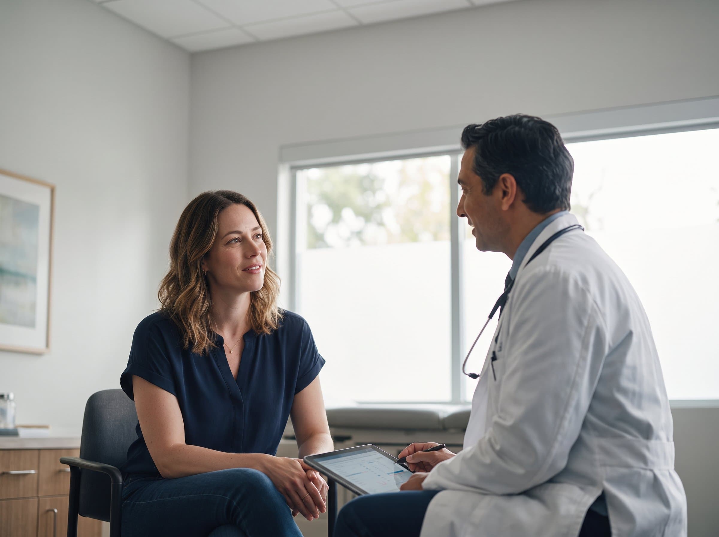 A woman in her thirties talking with a physician in a bright consulting room.