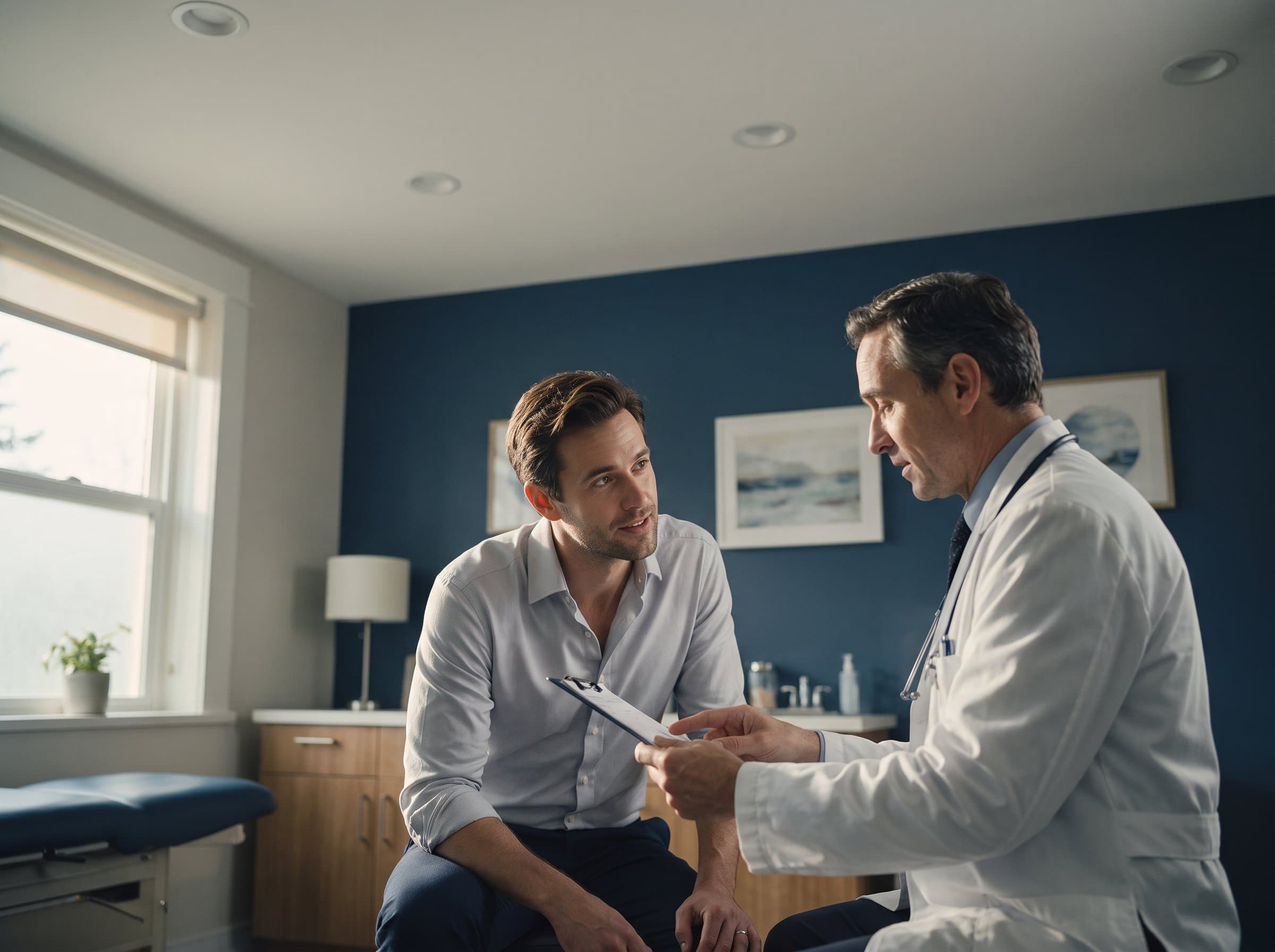 A man in his thirties having results explained by a physician in a clinic room.