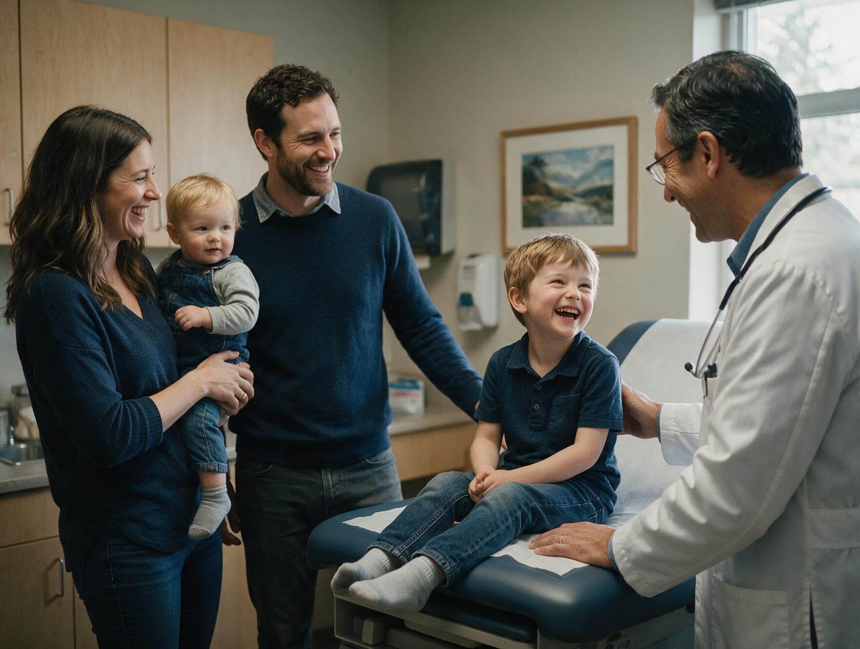 A young family with two children in a family medicine clinic with a physician.