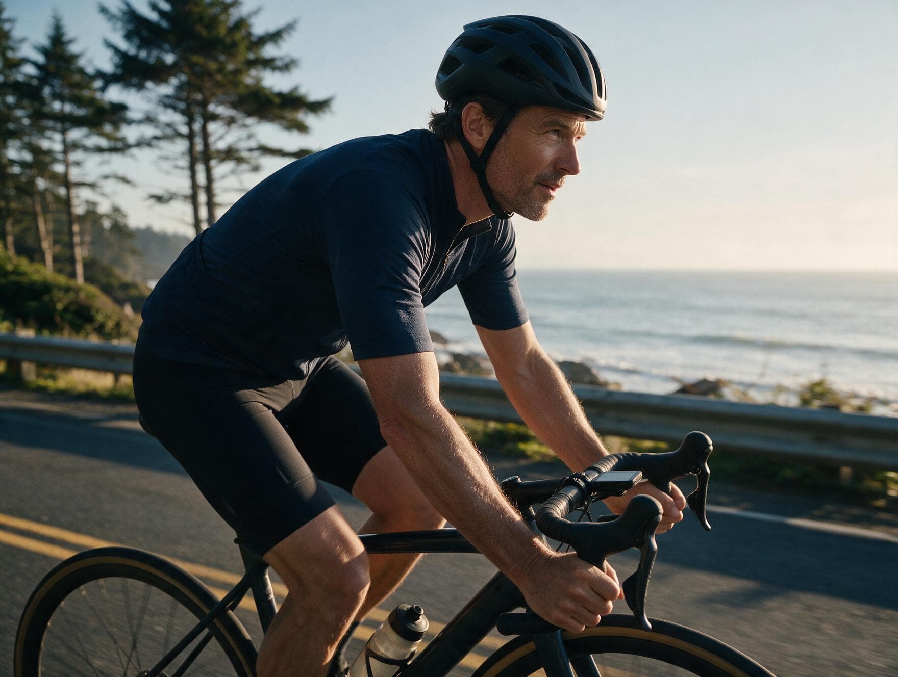 A man in his forties cycling along a coastal road at sunrise.