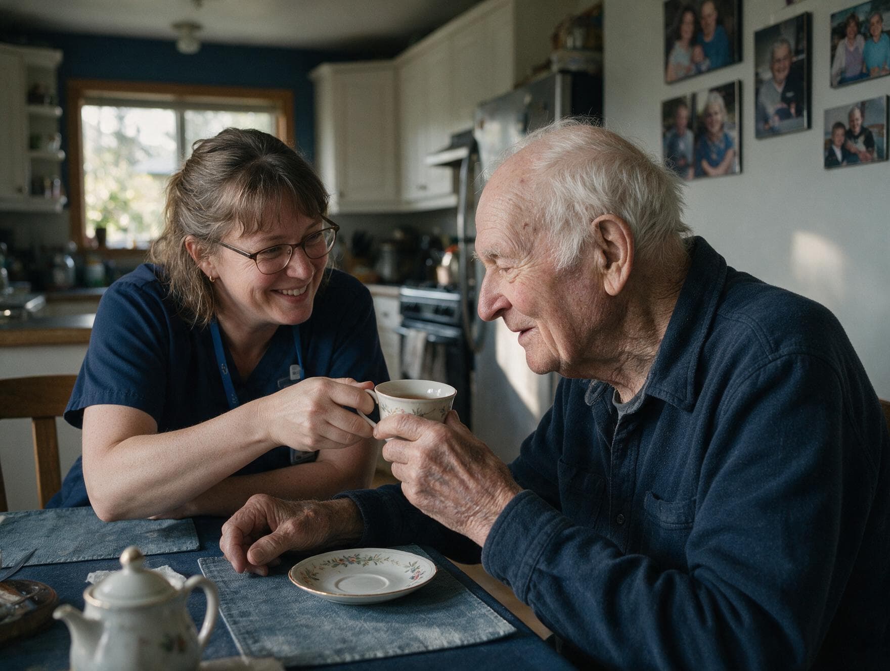 A care worker and a man in his eighties sharing tea at his kitchen table.