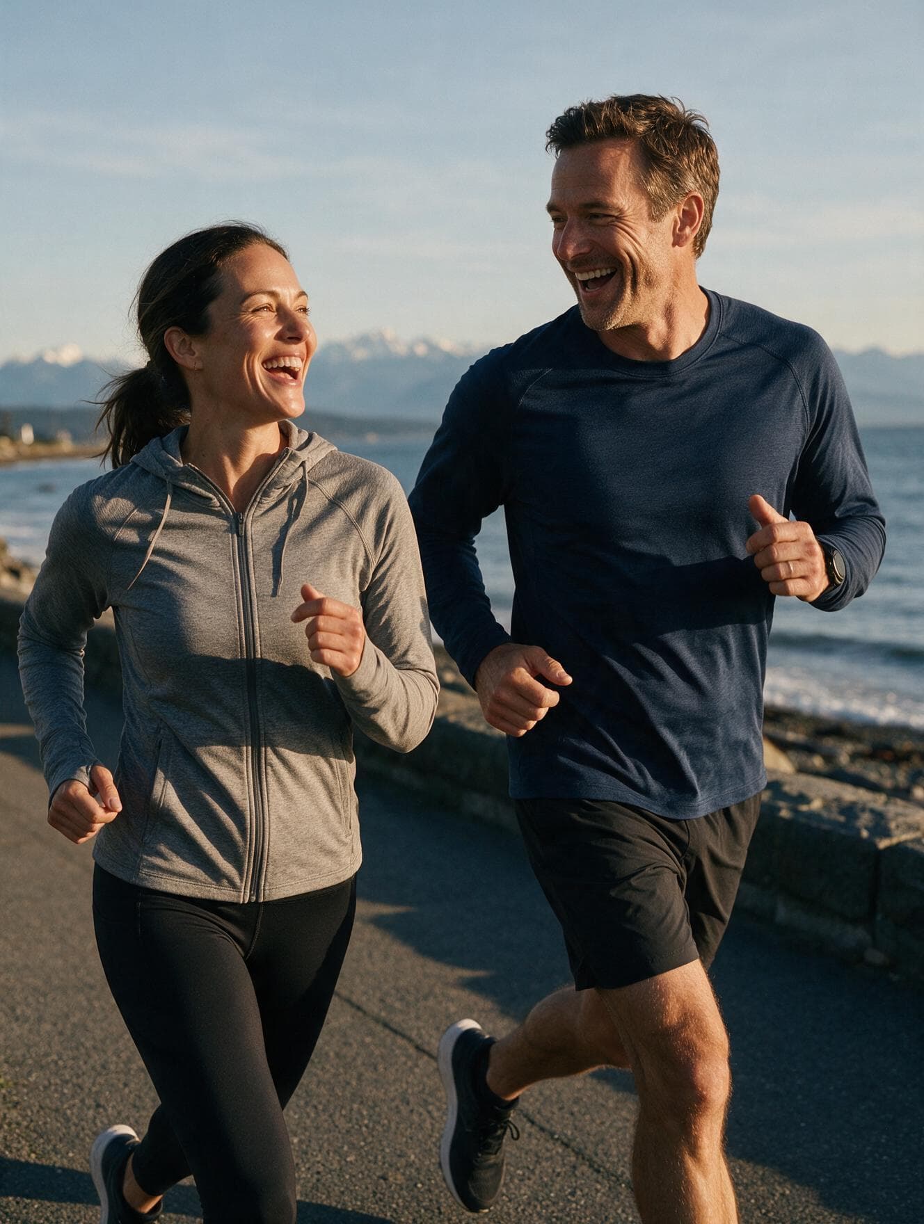 A woman in her thirties and a man in his forties walking briskly along a seafront path, laughing.