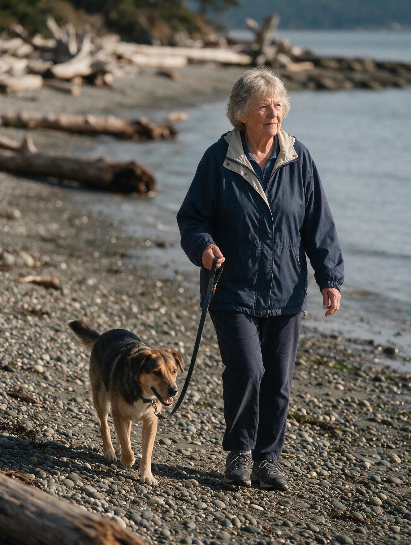 A woman in her seventies walking her dog on a pebble beach at low tide.