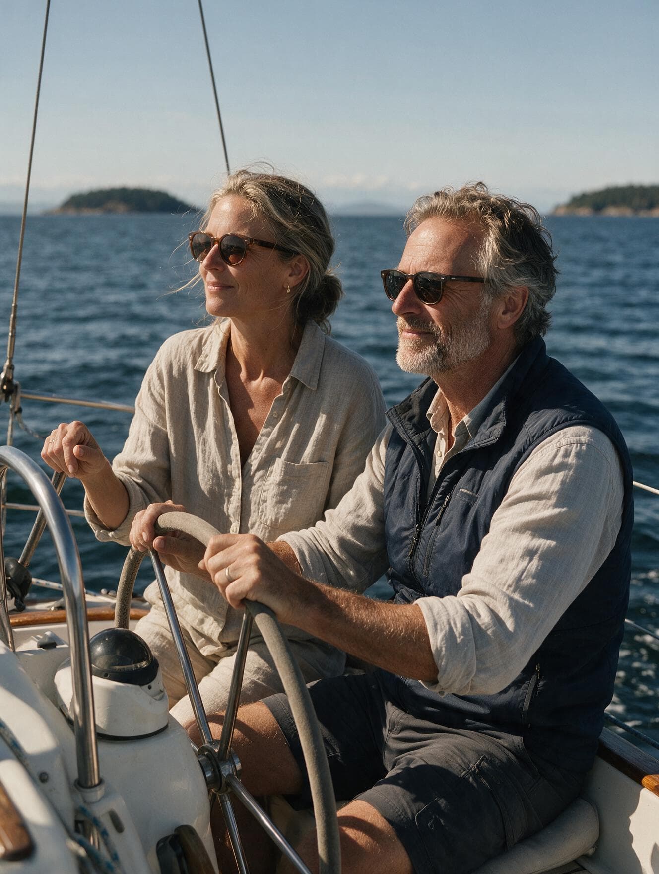 A couple in their fifties at the helm of a small sailboat on a bright afternoon.