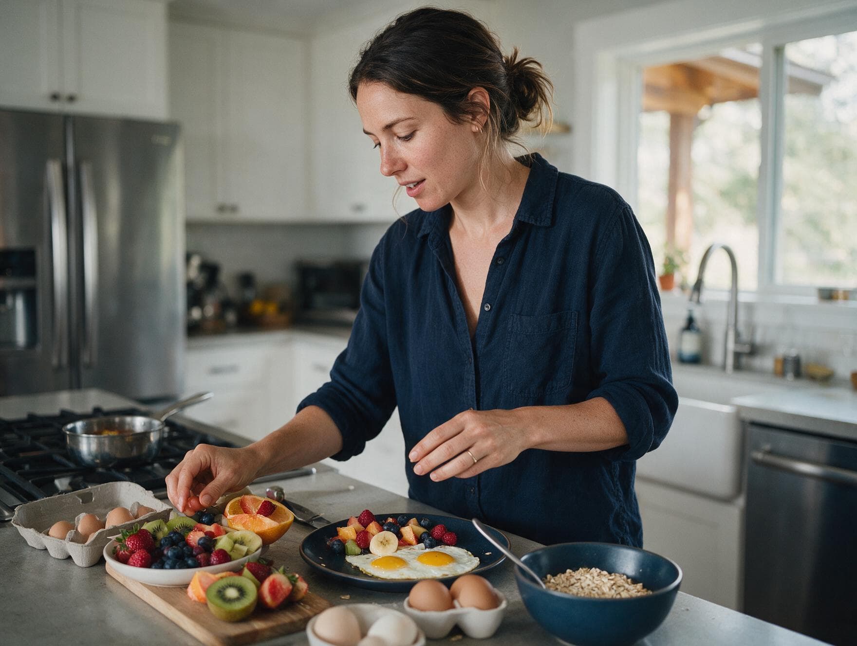 A woman in her thirties preparing a colourful breakfast in a bright kitchen.