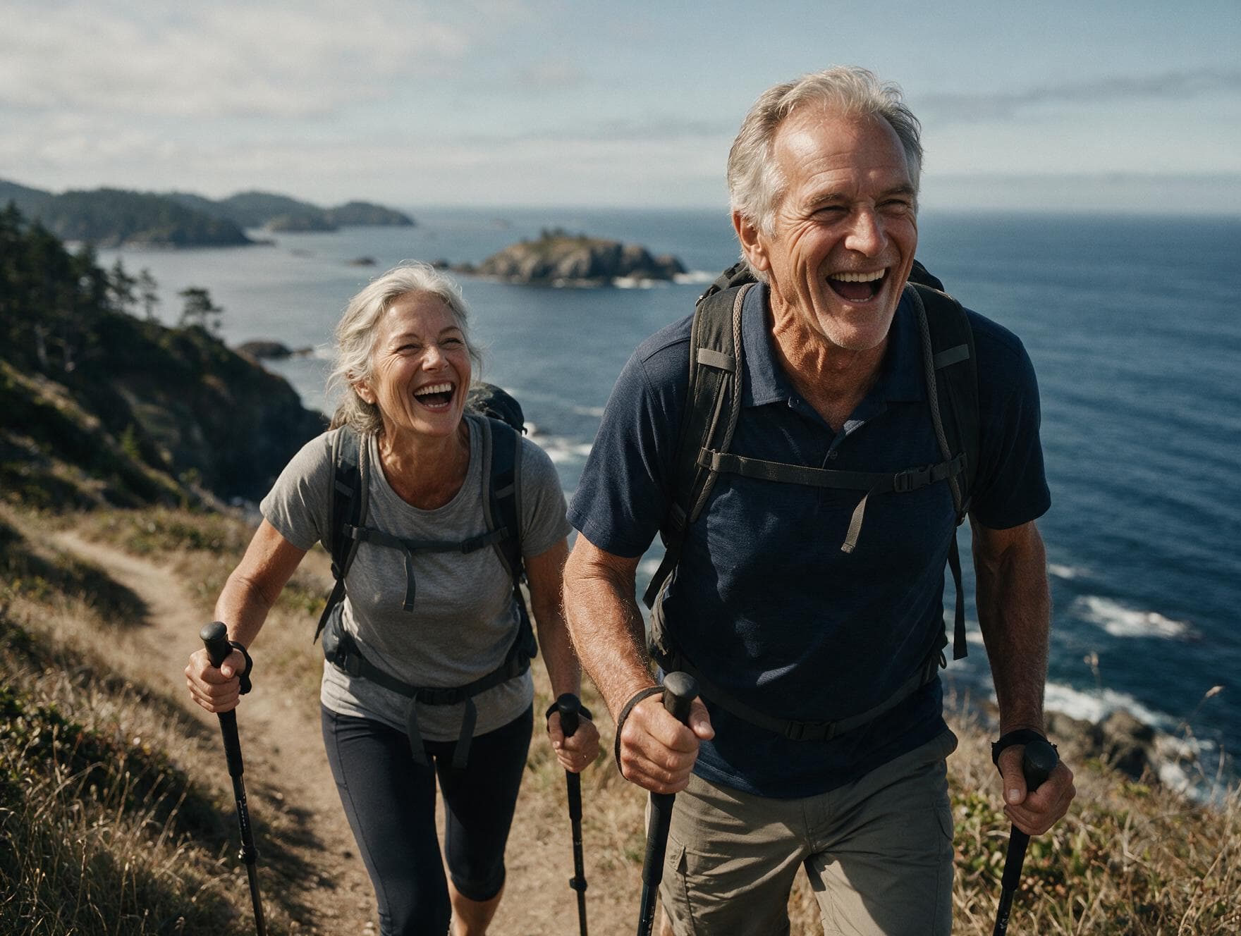 A couple in their sixties hiking a coastal trail with walking poles.