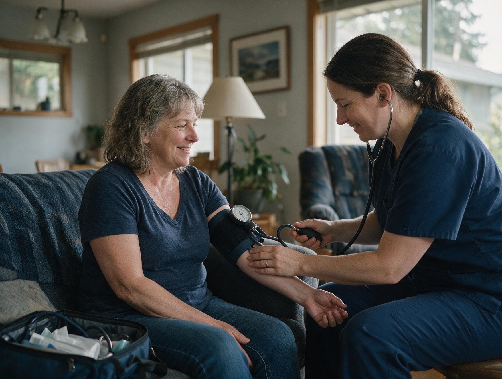A community nurse taking a woman's blood pressure in her living room.