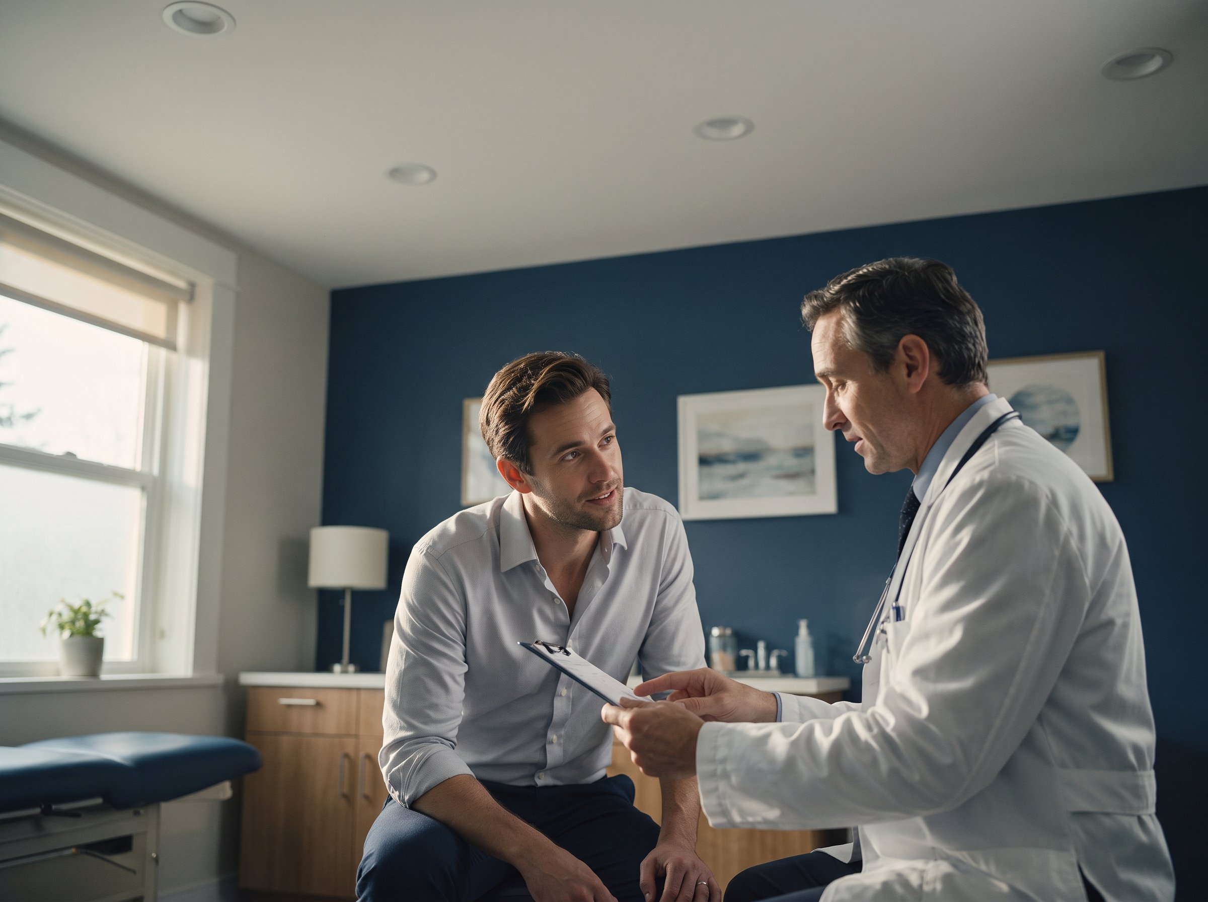 A man in his thirties having results explained by a physician in a clinic room.